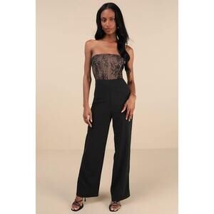 Lulus Adannaya Black Lace Strapless Bustier Jumpsuit - Size XS